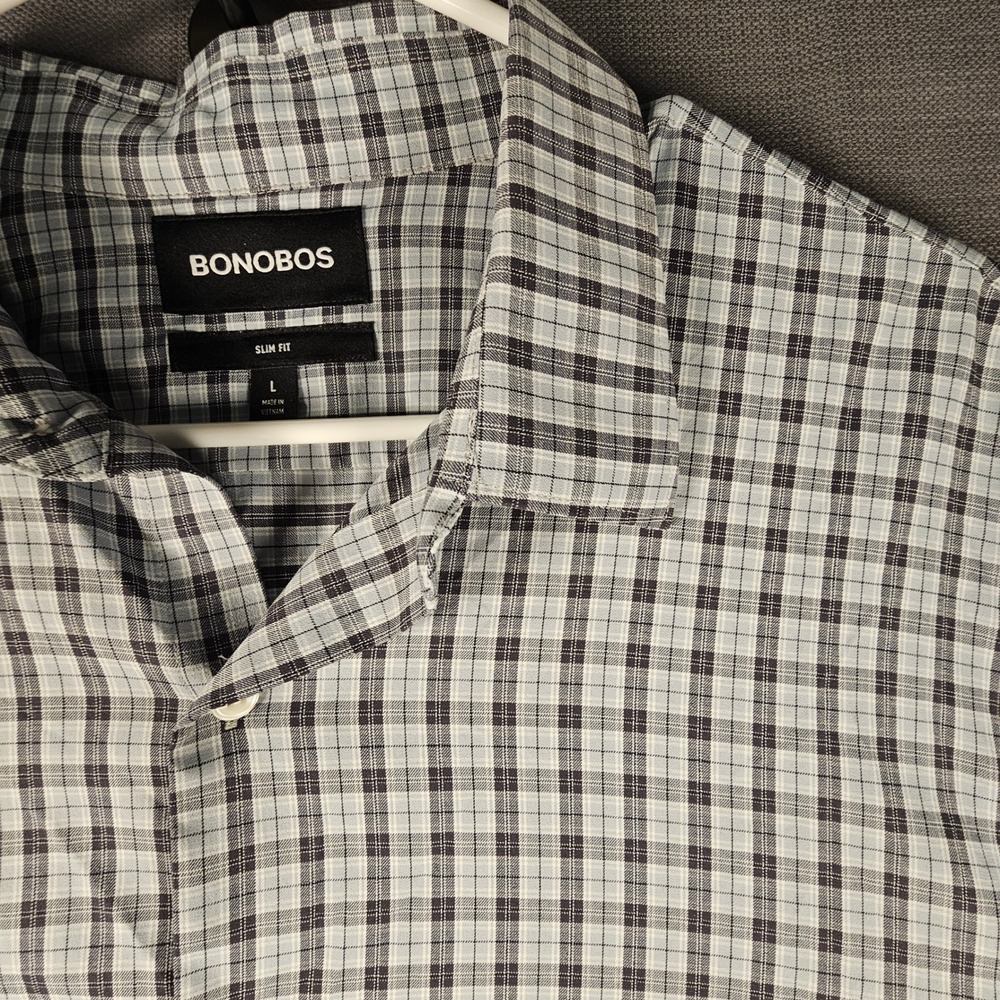 Bonobos Slim Fit Grey Teal White Plaid Performance Button Down Shirt L